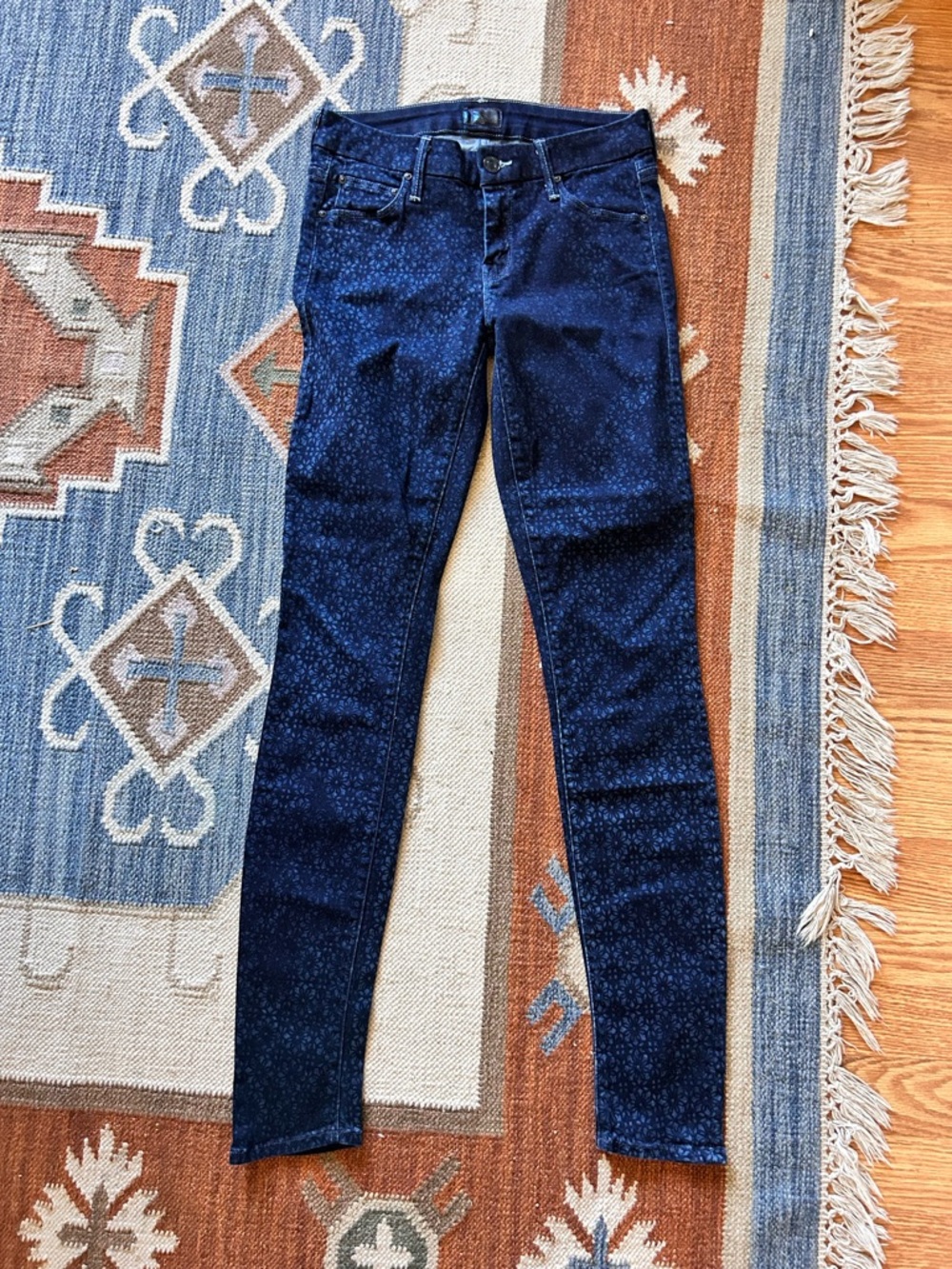 MOTHER the looker Dark Blue wash Floral-Print Skinny Jeans “foulard me once” 25 - Picture 2 of 7